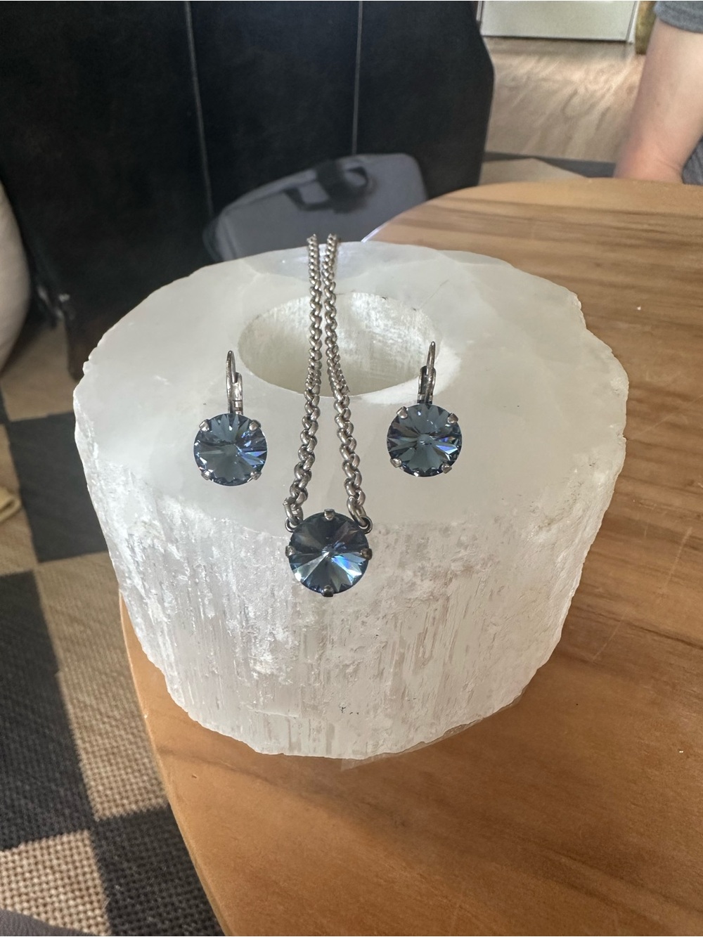 Blue Crystal Pendant 18” Necklace and Earrings Set